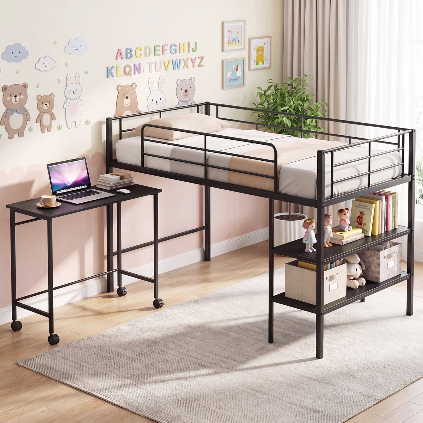 Twin Size Loft Bed with Rolling Desk and Bookshelf Platform Bed Frame-Black