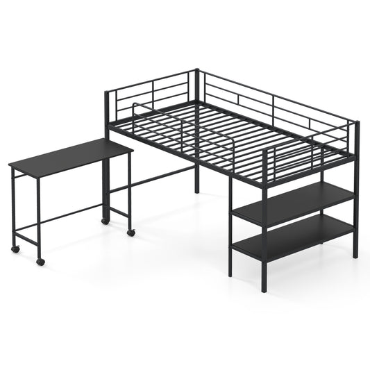 Twin Size Loft Bed with Rolling Desk and Bookshelf Platform Bed Frame-Black
