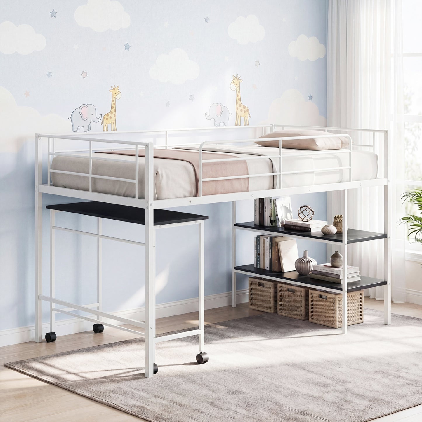 Twin Size Loft Bed with Rolling Desk and Bookshelf Platform Bed Frame-Black