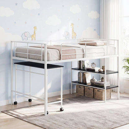 Twin Size Loft Bed with Rolling Desk and Bookshelf Platform Bed Frame-Black