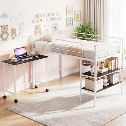 Twin Size Loft Bed with Rolling Desk and Bookshelf Platform Bed Frame-Black