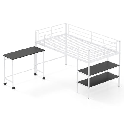 Twin Size Loft Bed with Rolling Desk and Bookshelf Platform Bed Frame-Black