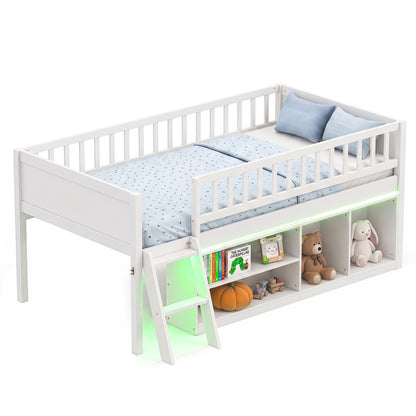 Twin Size Loft Bed with Adjustable LED Lights & Bookshelves and Guardrails for Kids-Gray
