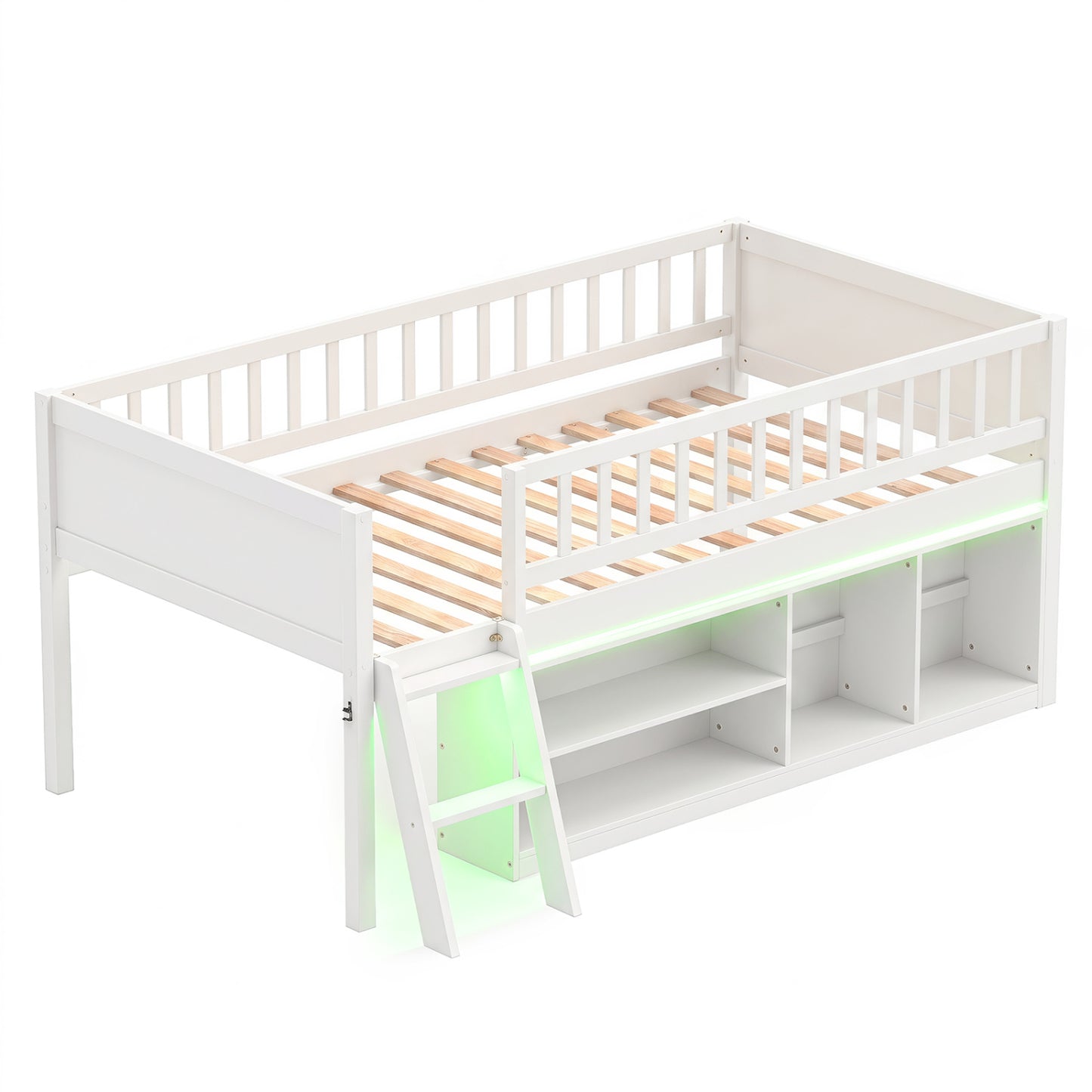 Twin Size Loft Bed with Adjustable LED Lights & Bookshelves and Guardrails for Kids-Gray