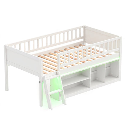 Twin Size Loft Bed with Adjustable LED Lights & Bookshelves and Guardrails for Kids-Gray