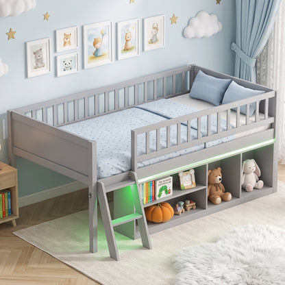 Twin Size Loft Bed with Adjustable LED Lights & Bookshelves and Guardrails for Kids-Gray