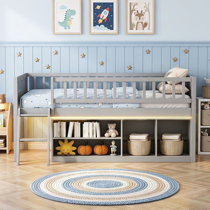 Twin Size Loft Bed with Adjustable LED Lights & Bookshelves and Guardrails for Kids-Gray