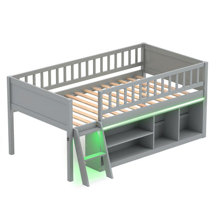 Twin Size Loft Bed with Adjustable LED Lights & Bookshelves and Guardrails for Kids-Gray