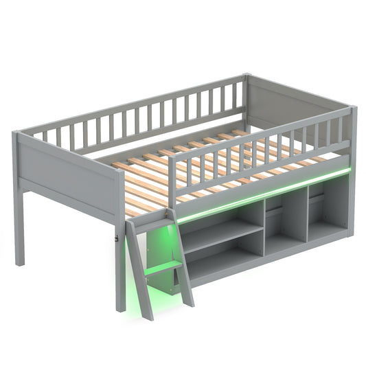 Gray twin size loft bed with adjustable LED lights, built-in bookshelves, and guardrails for kids, from Wilsons Home Store.