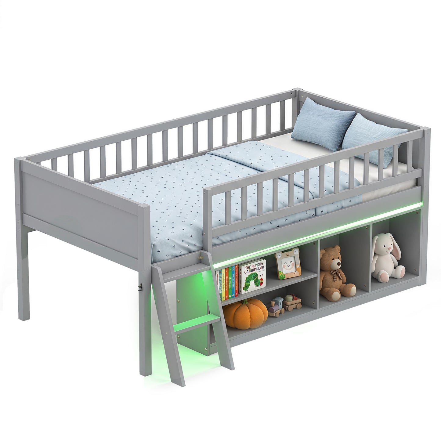 Twin Size Loft Bed with Adjustable LED Lights & Bookshelves and Guardrails for Kids-Gray