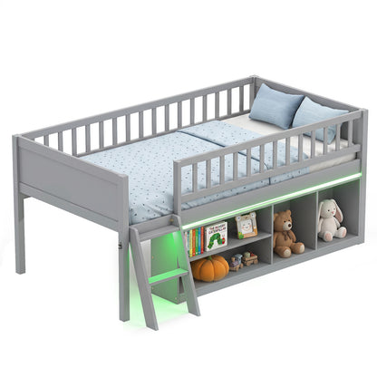 Twin Size Loft Bed with Adjustable LED Lights & Bookshelves and Guardrails for Kids-Gray