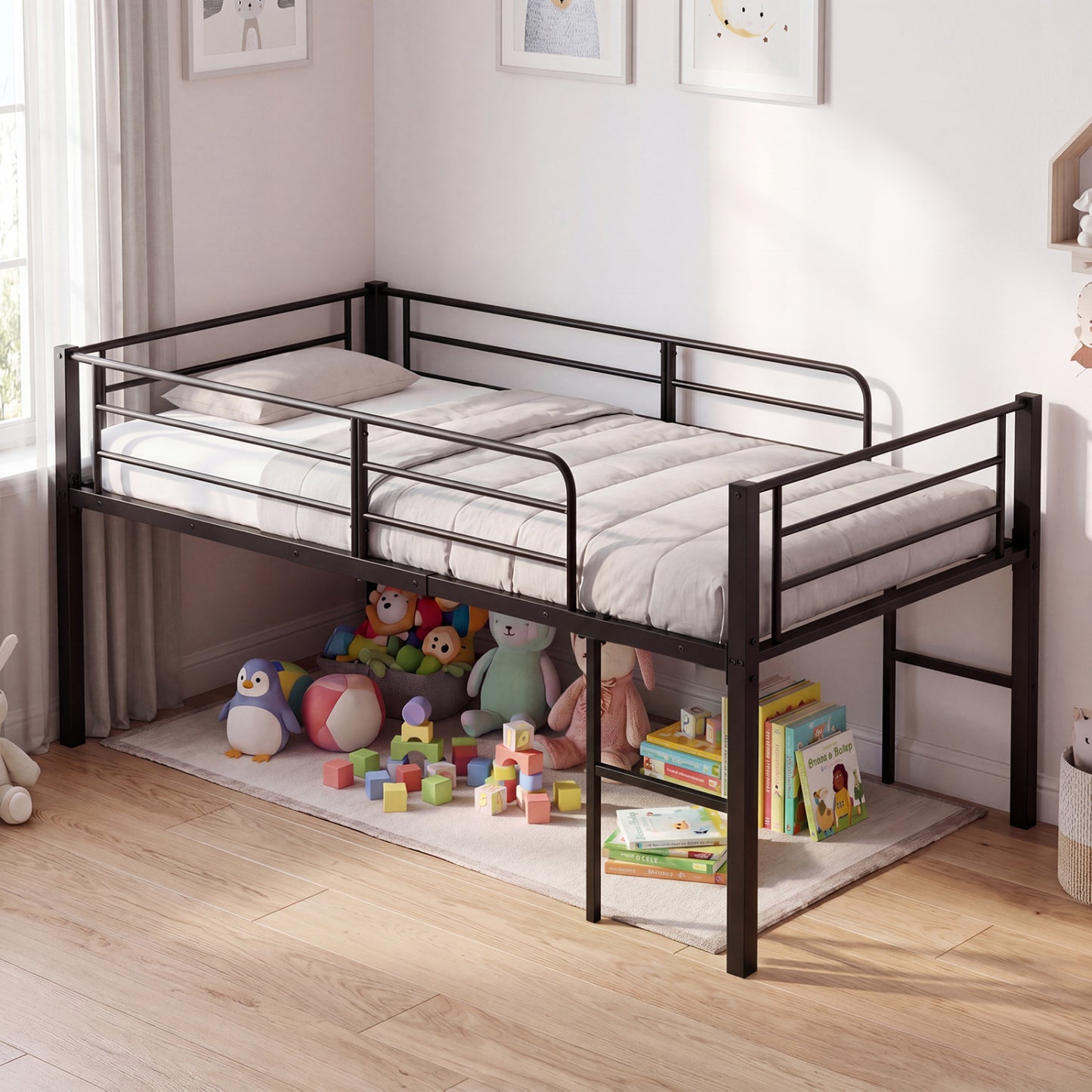 Twin Size Low Loft Bed with Safety Guardrails and 2 Ladders-Black