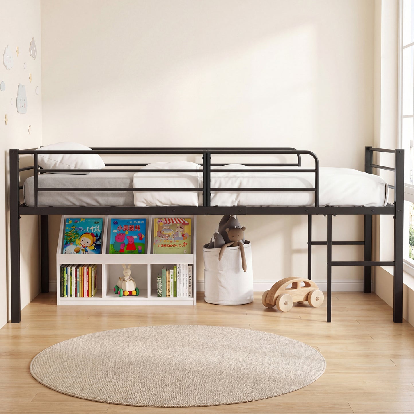 Twin Size Low Loft Bed with Safety Guardrails and 2 Ladders-Black