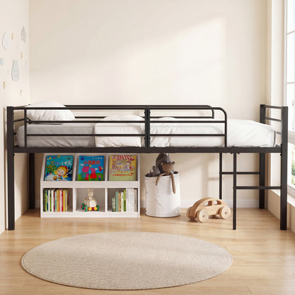 Twin Size Low Loft Bed with Safety Guardrails and 2 Ladders-Black