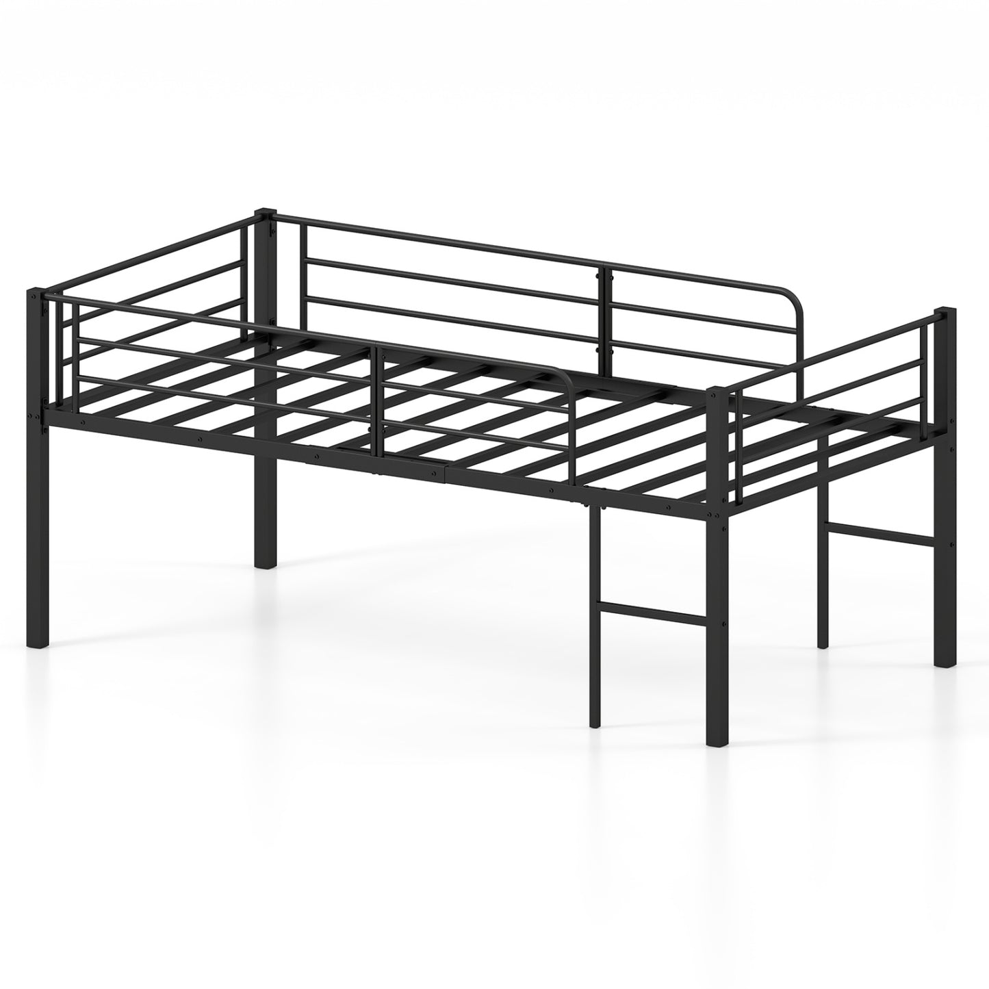 Twin Size Low Loft Bed with Safety Guardrails and 2 Ladders-Black