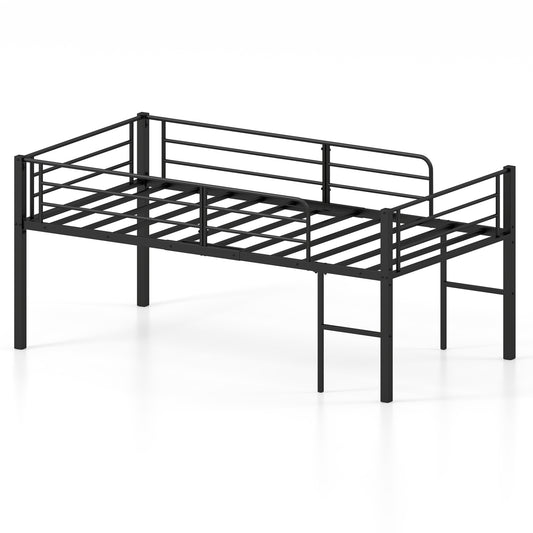 Twin Size Low Loft Bed with Safety Guardrails and 2 Ladders-Black
