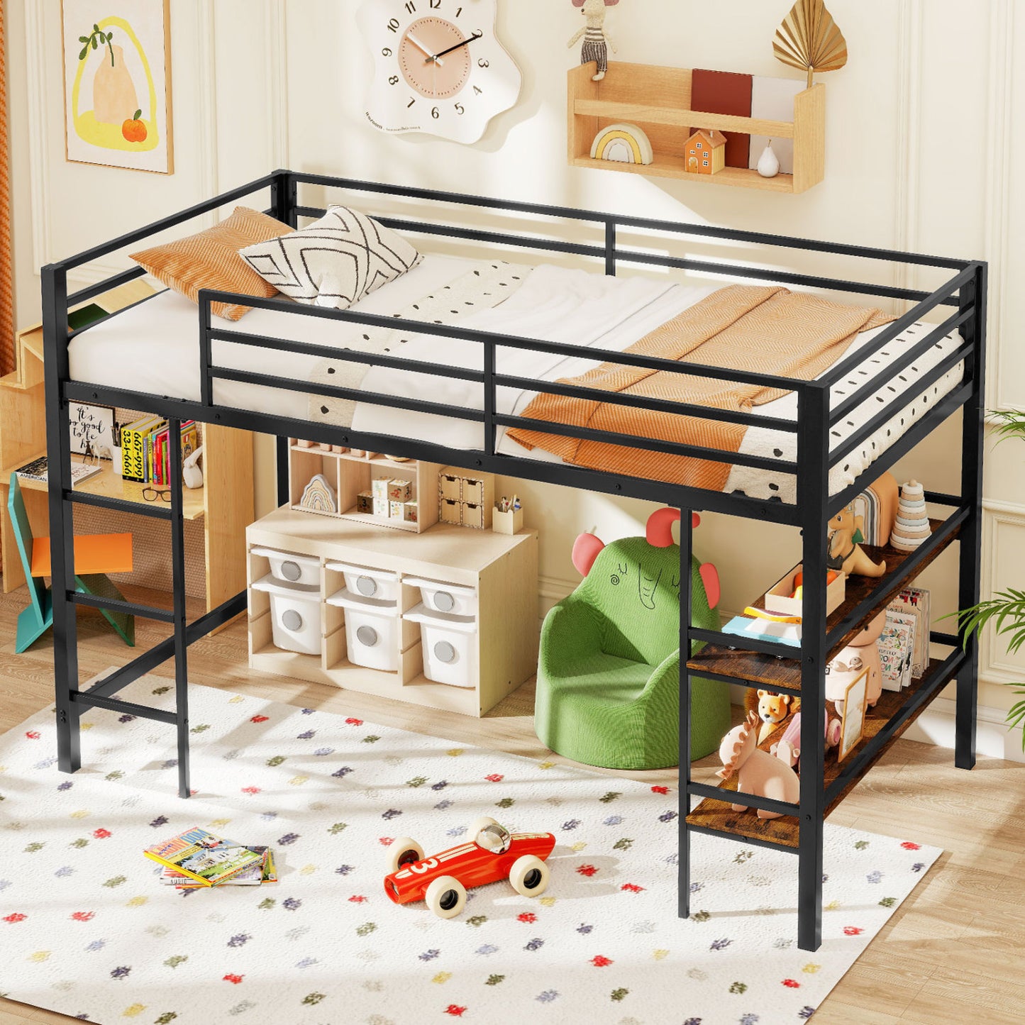Black twin size low loft bed with ladder and storage shelves, metal frame designed for boys and girls in toddler and kids' rooms.