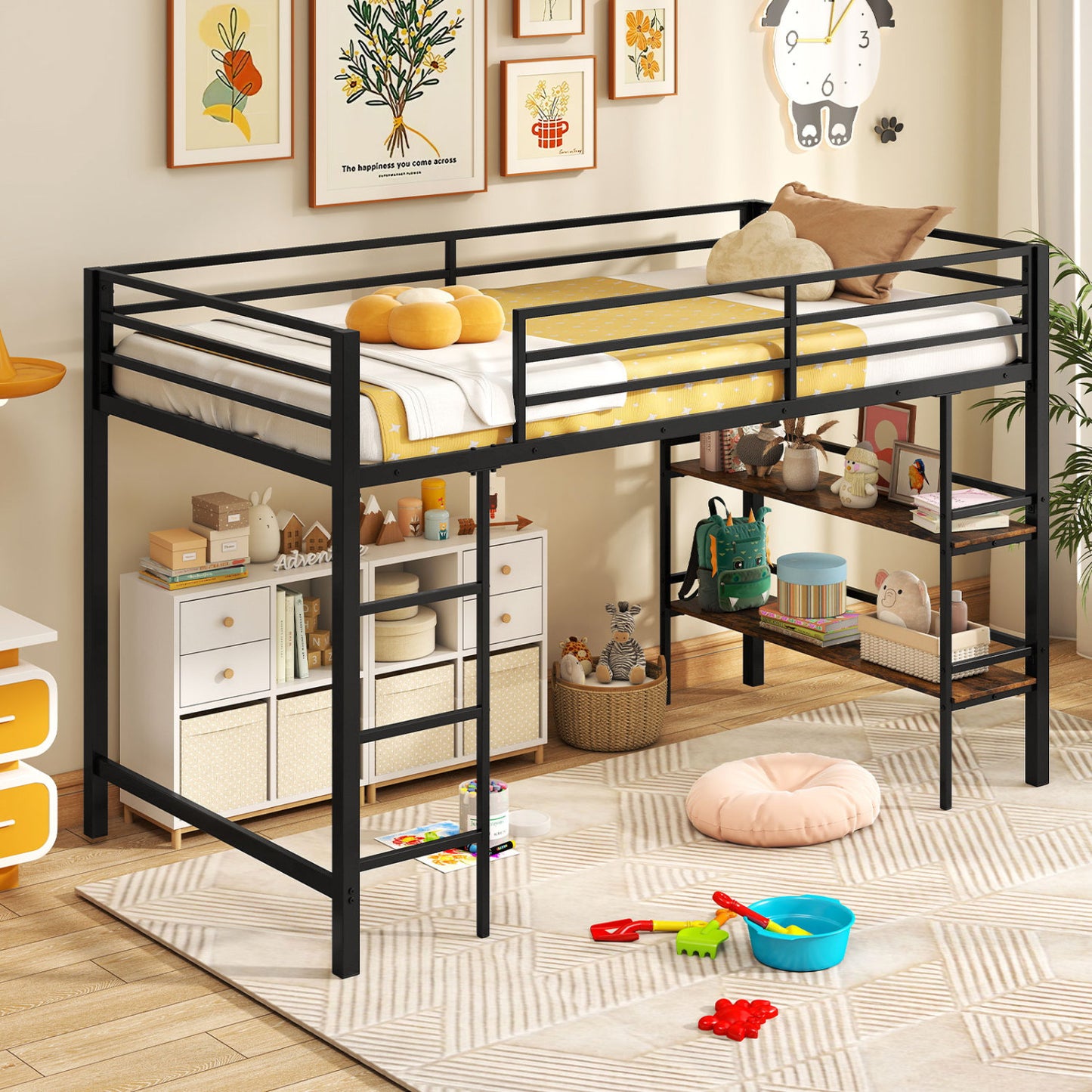 Black twin size low loft bed with ladder and storage shelves, metal frame, designed for boys and girls in kids' bedroom.