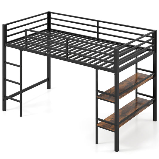 Black twin size low loft bed with ladder and storage shelves, metal frame, designed for boys and girls, toddler and kids furniture.