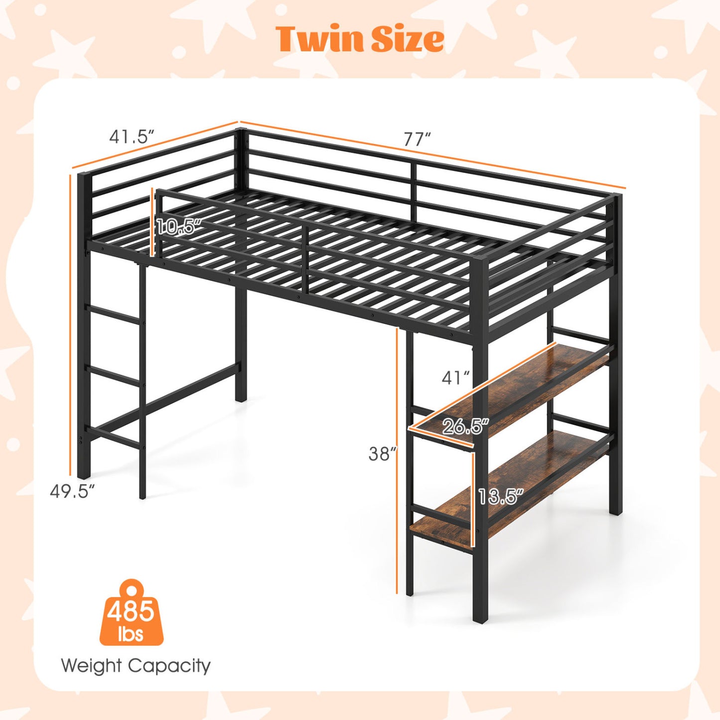 Black twin size low loft bed with ladder and storage shelves, metal frame, suitable for boys and girls, toddler and kids furniture