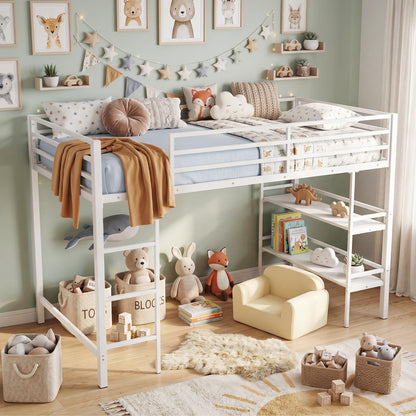 Black twin size low loft bed with ladder and storage shelves, metal frame designed for boys and girls, toddler and kids bedroom furniture.