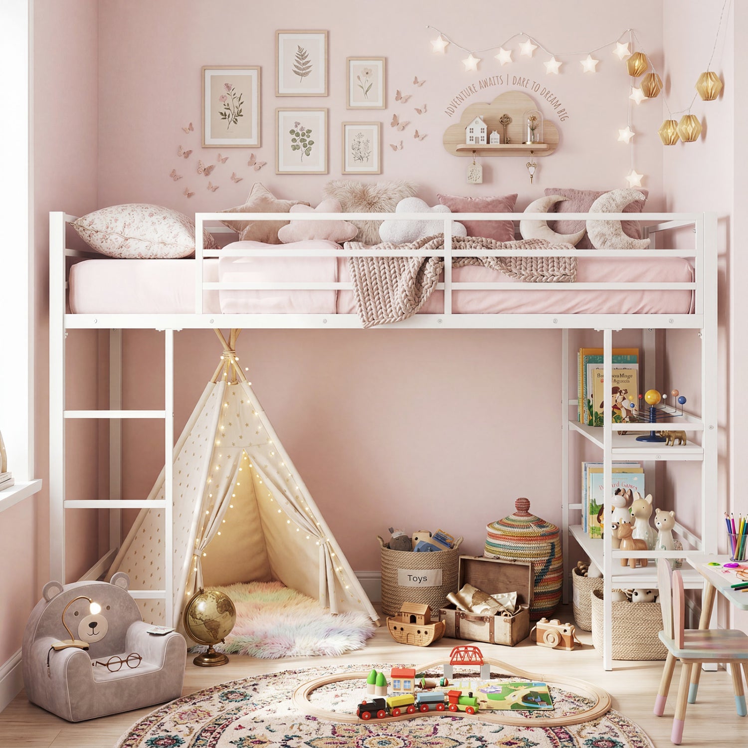 Black twin size low loft bed with ladder and storage shelves, metal frame, ideal for boys and girls in toddler and kids furniture.