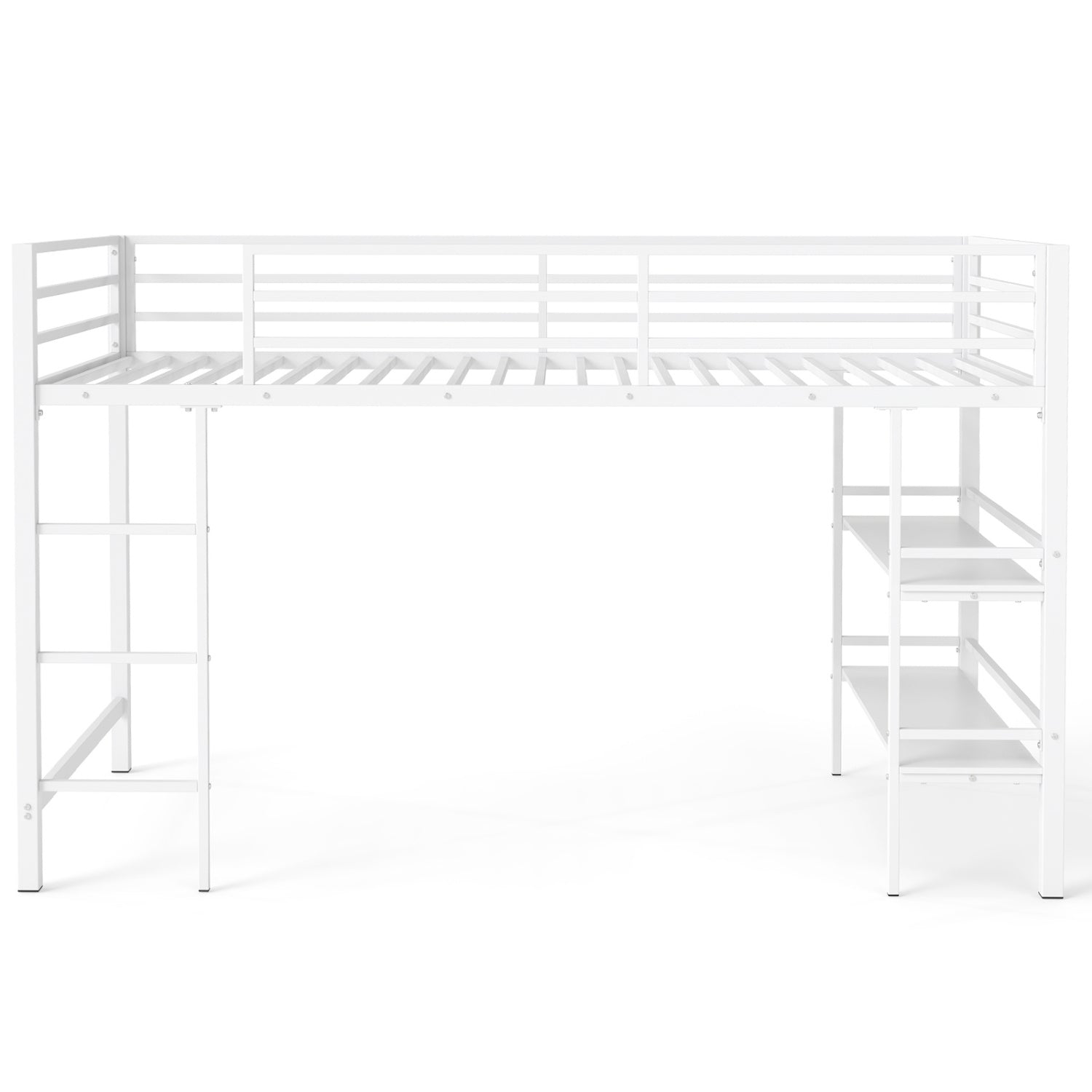 Black twin size low loft bed with ladder and storage shelves, metal frame suitable for boys and girls, toddler and kids furniture.