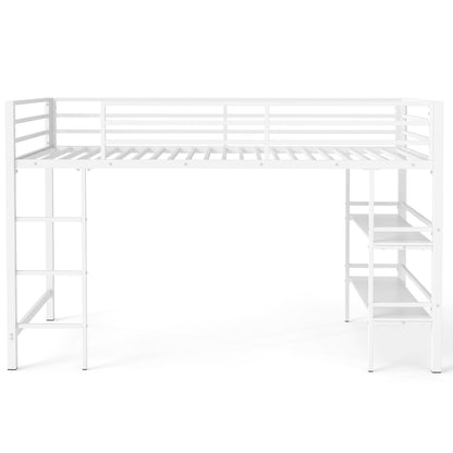 Black twin size low loft bed with ladder and storage shelves, metal frame suitable for boys and girls, toddler and kids furniture.