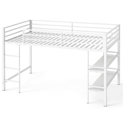 Black twin size low loft bed with ladder and storage shelves, metal frame, ideal for kids' toddler and children's bedroom.