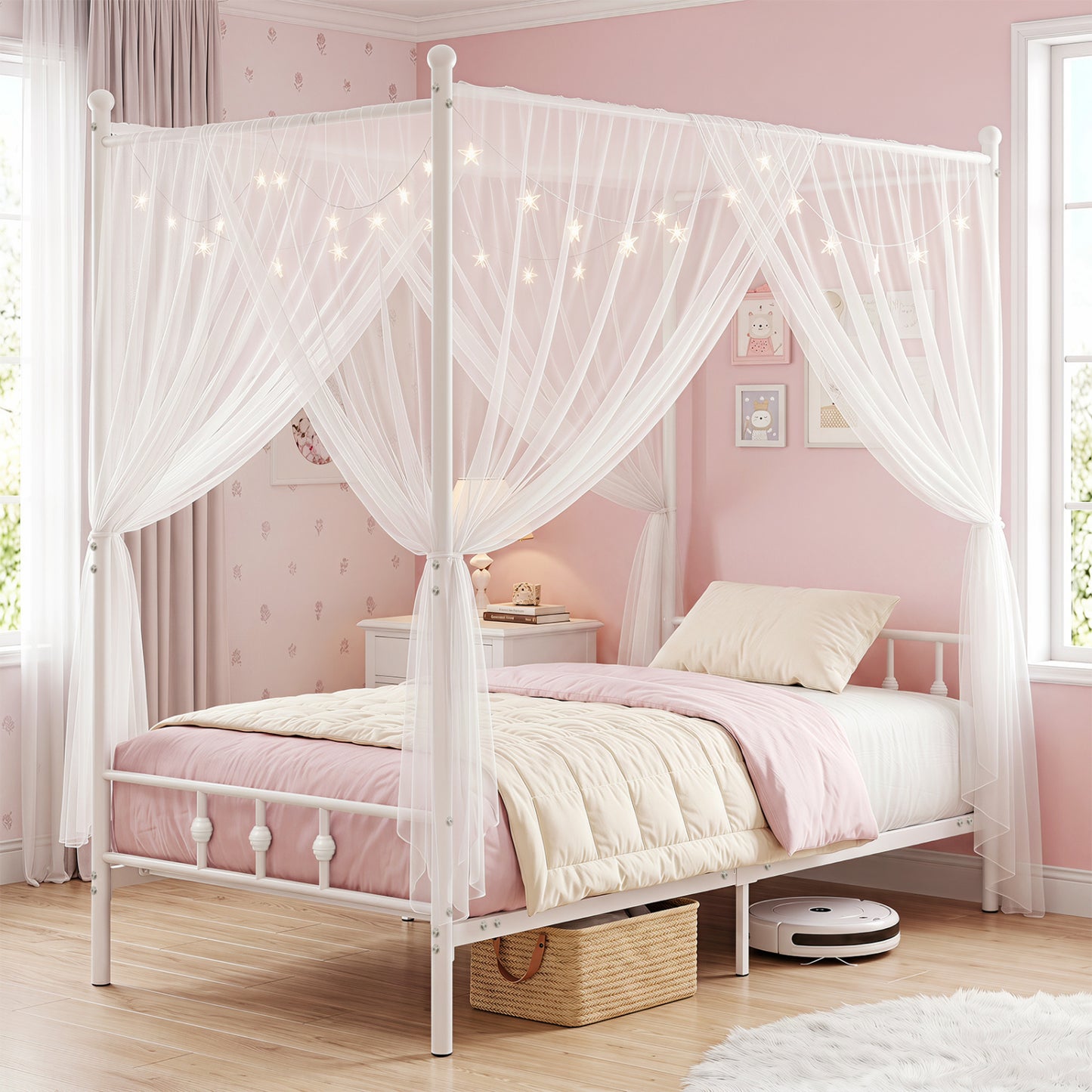 Twin Size Metal Canopy Bed Frame with Headboard and Footboard-White