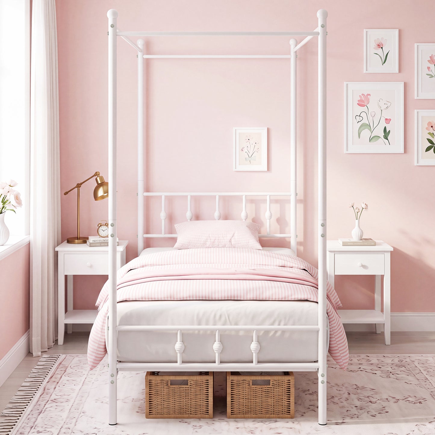 Twin Size Metal Canopy Bed Frame with Headboard and Footboard-White