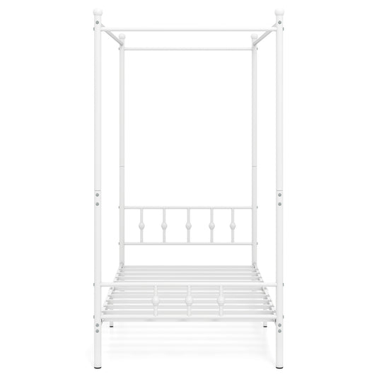 White twin size metal canopy bed frame with headboard and footboard, featuring a sturdy, classic design for bedroom furniture.