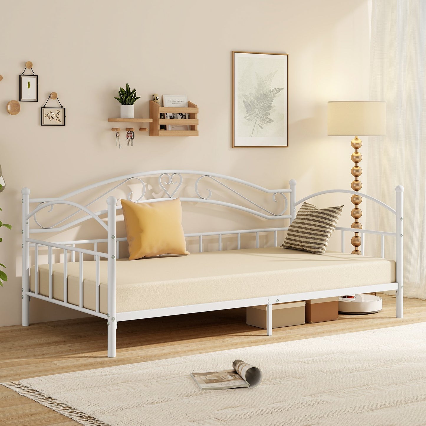 Twin Size Metal Daybed Frame with Headboard for Bedroom-White
