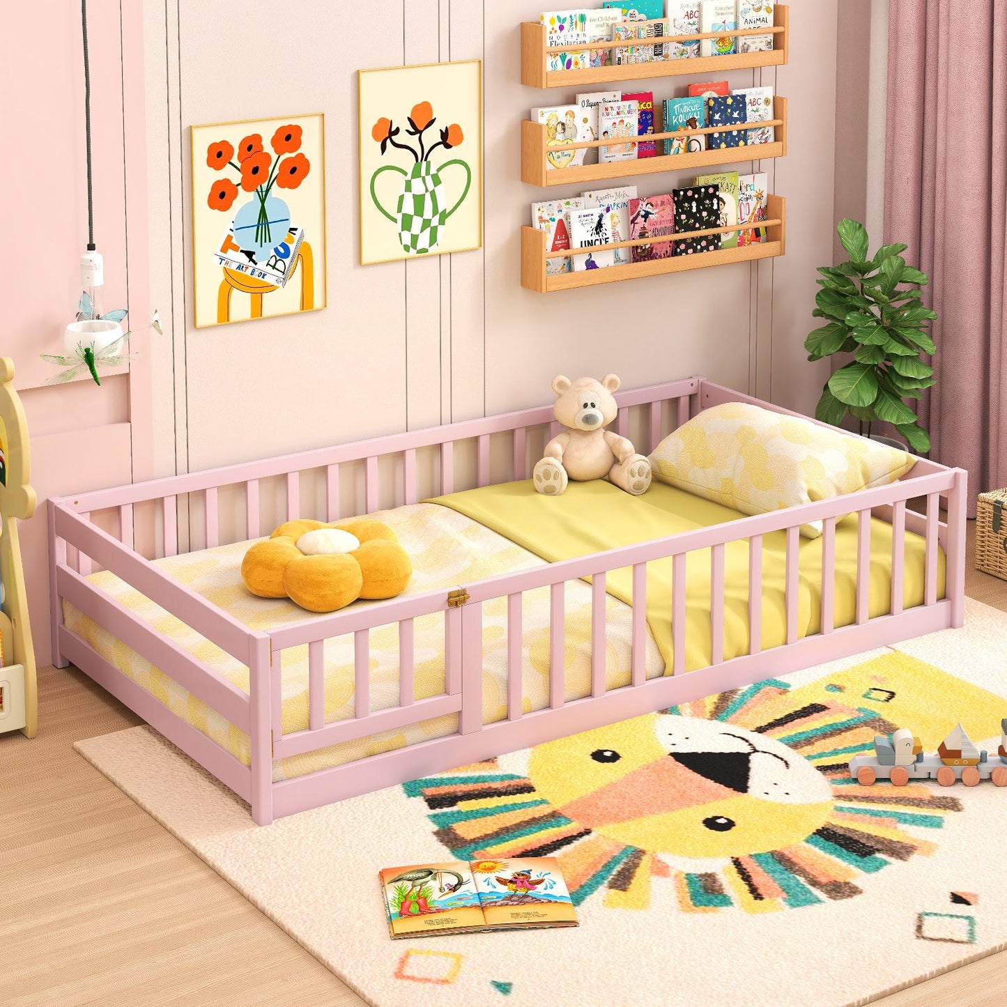 Twin Size Montessori Floor Bed Frame with Full Length Safety Guardrails-Dark Green