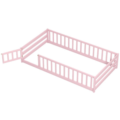 Twin Size Montessori Floor Bed Frame with Full Length Safety Guardrails-Dark Green