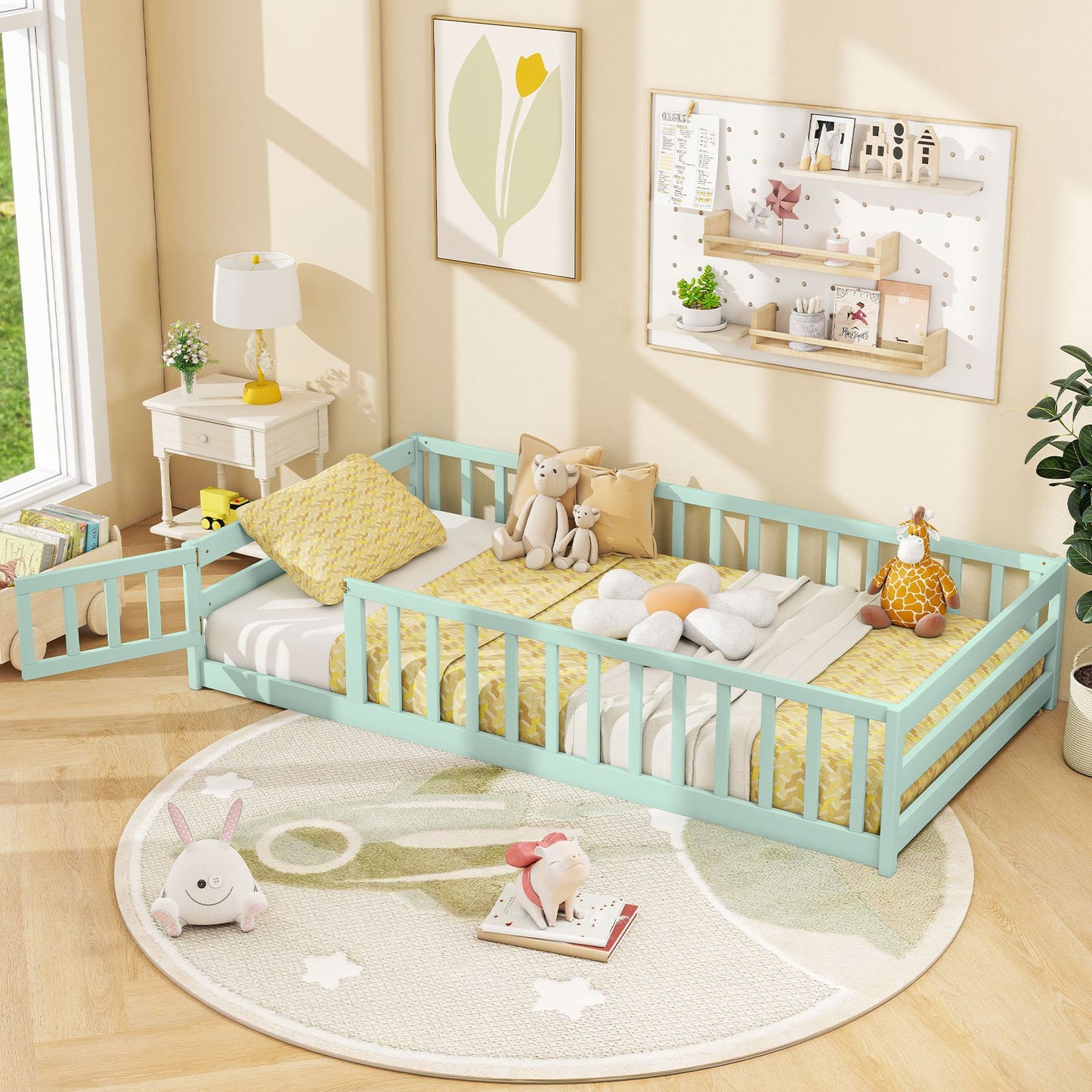 Twin Size Montessori Floor Bed Frame with Full Length Safety Guardrails-Dark Green