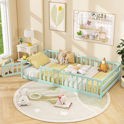 Twin Size Montessori Floor Bed Frame with Full Length Safety Guardrails-Dark Green