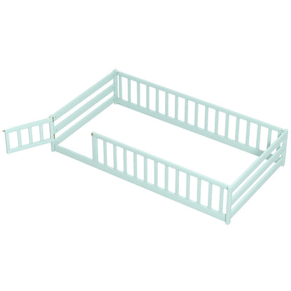 Twin Size Montessori Floor Bed Frame with Full Length Safety Guardrails-Dark Green