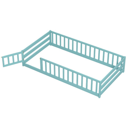 Twin Size Montessori Floor Bed Frame with Full Length Safety Guardrails-Dark Green
