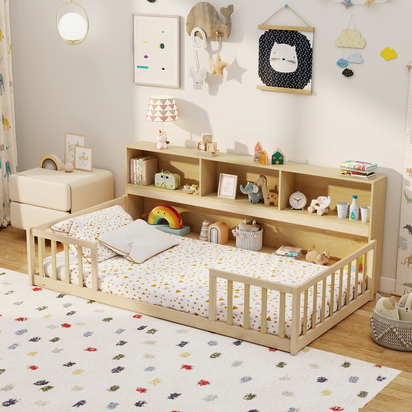 Twin Size Montessori Floor Bed with Bookcase-Natural