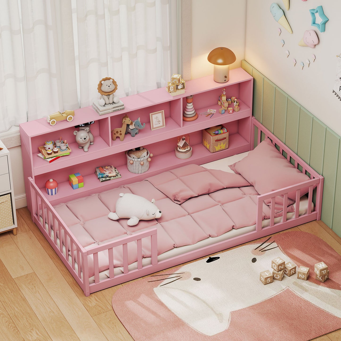 Twin Size Montessori Floor Bed with Bookcase-Natural