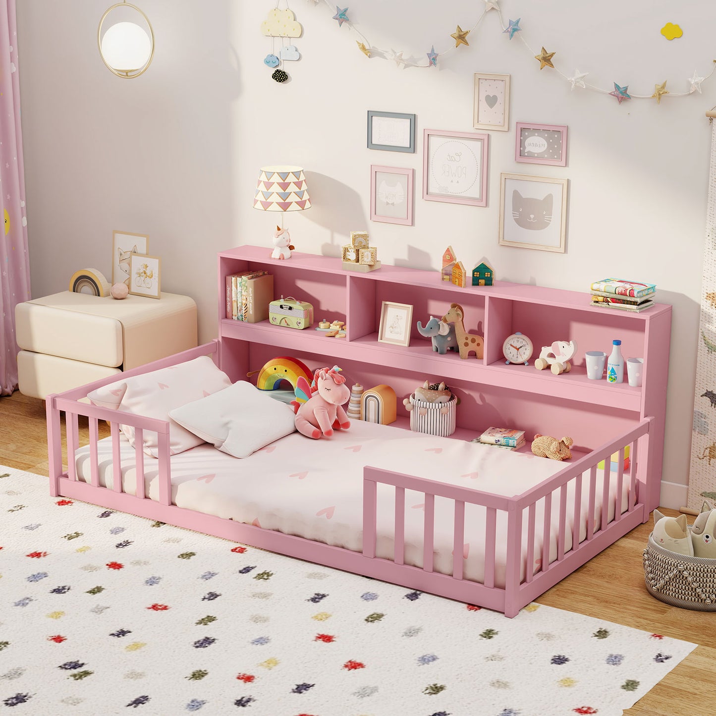 Twin Size Montessori Floor Bed with Bookcase-Natural