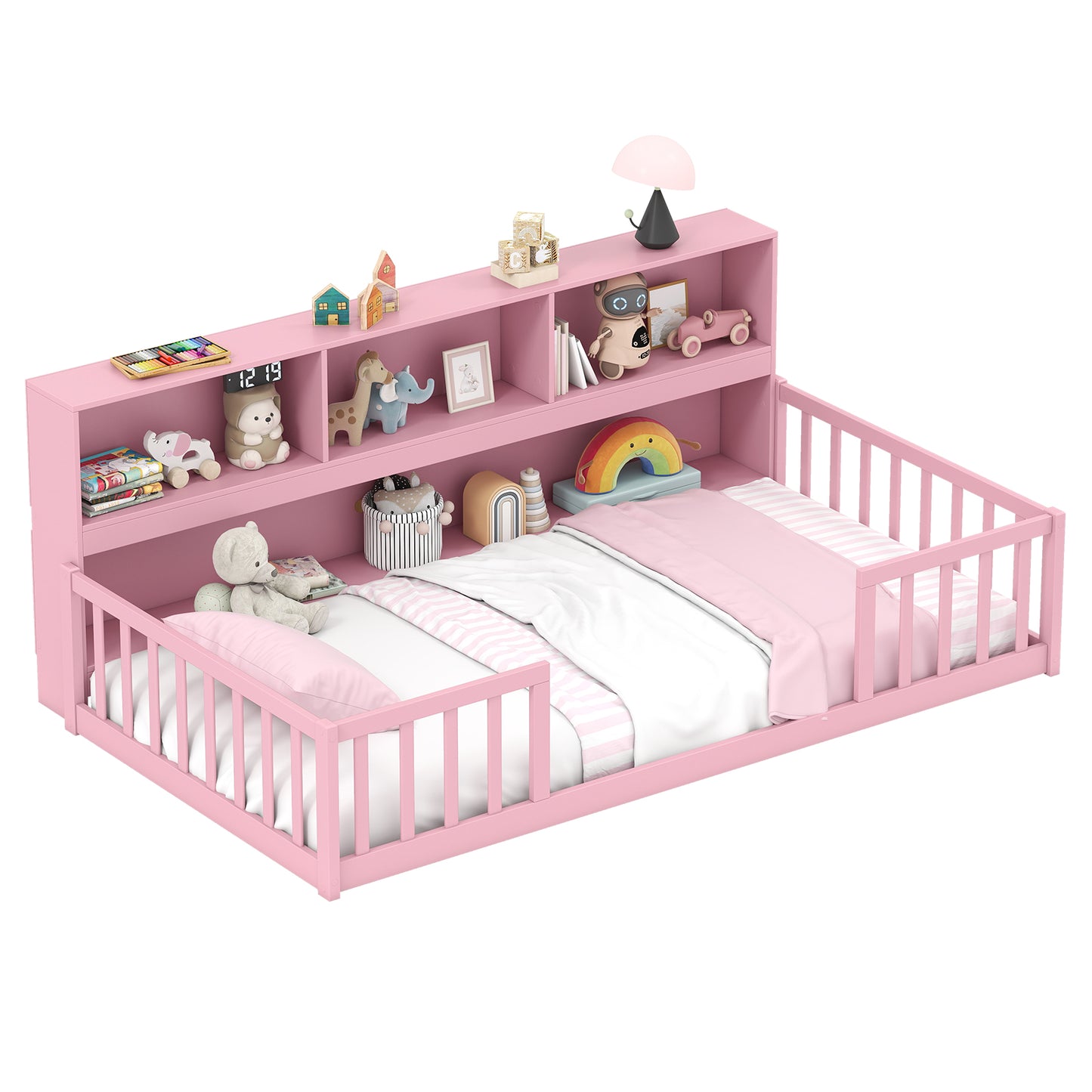 Twin Size Montessori Floor Bed with Bookcase-Natural
