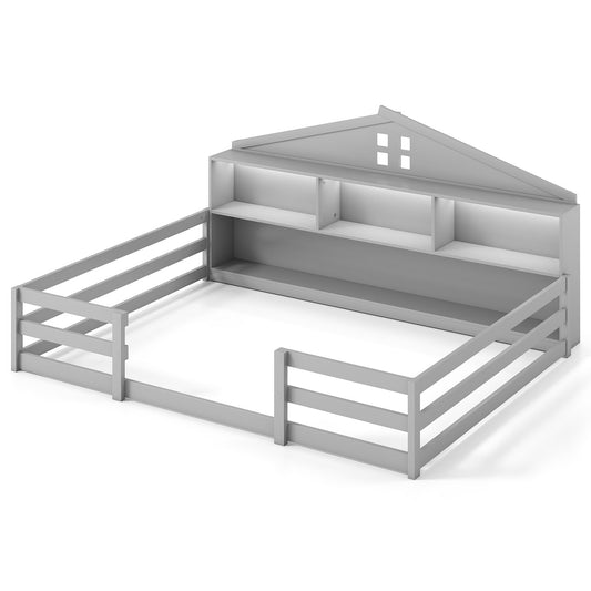 Twin Size Montessori Floor Bed with Storage Compartments and Shelf-Gray