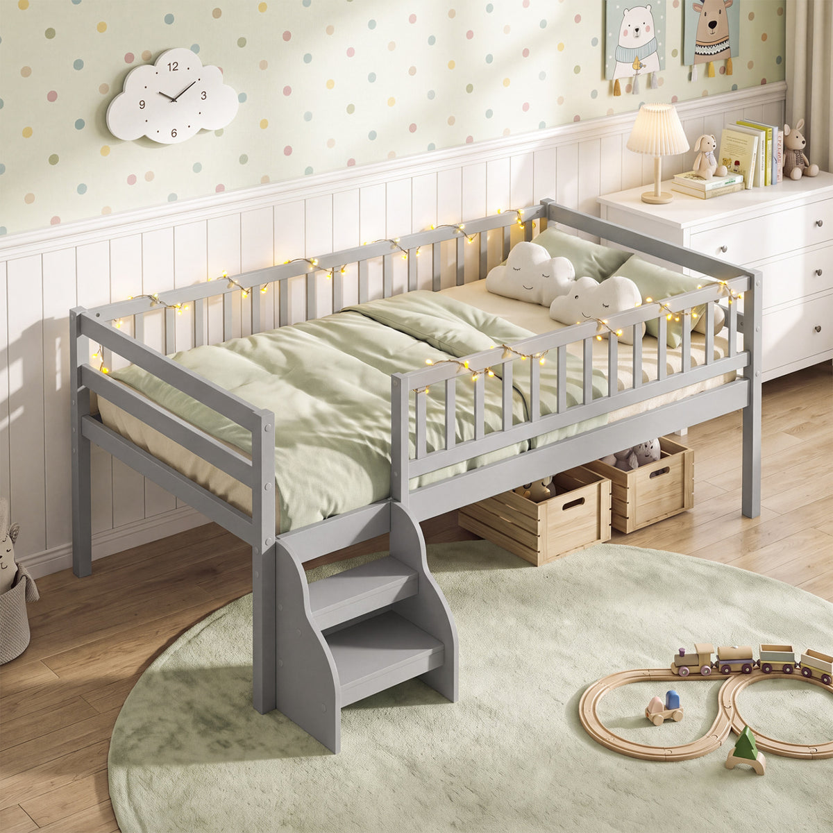Twin Size Montessori Bed with Stairs and Guardrails-Gray
