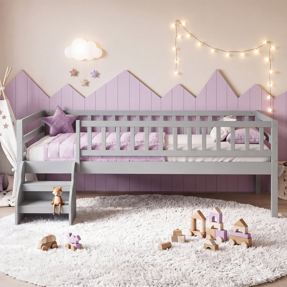 Twin Size Montessori Bed with Stairs and Guardrails-Gray