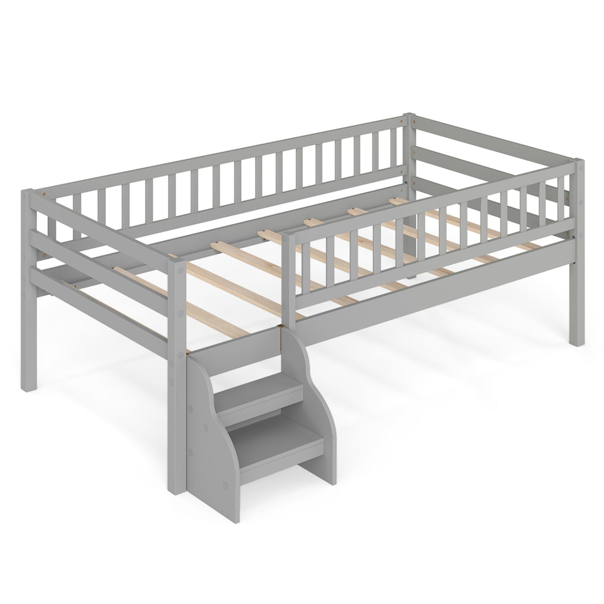 Twin Size Montessori Bed with Stairs and Guardrails-Gray