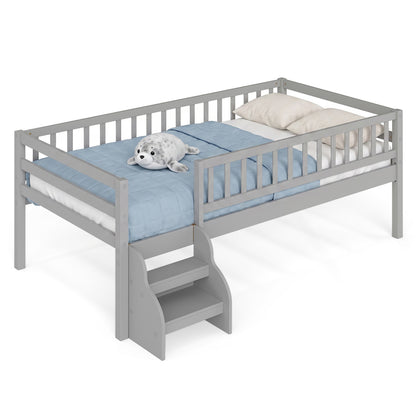 Twin Size Montessori Bed with Stairs and Guardrails-Gray