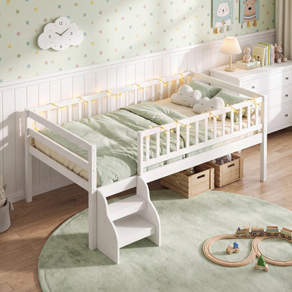 Twin Size Montessori Bed with Stairs and Guardrails-Gray