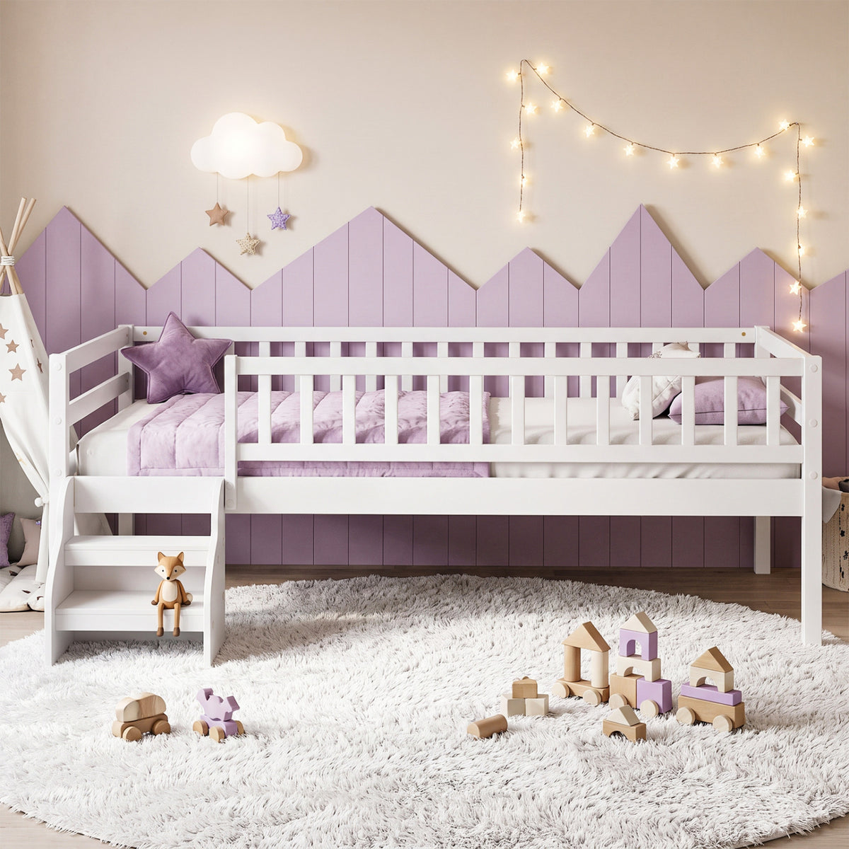 Twin Size Montessori Bed with Stairs and Guardrails-Gray